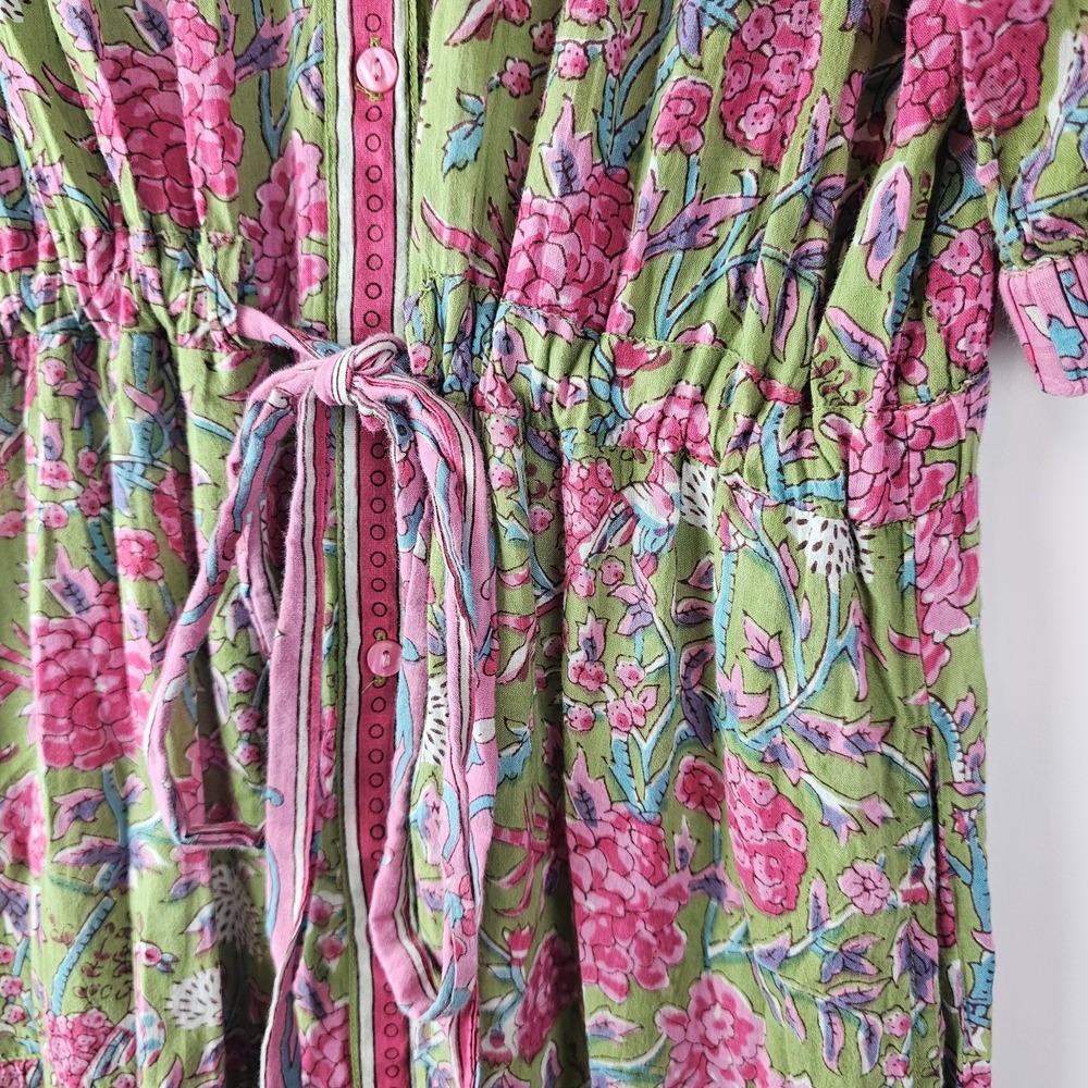 LOLA Australia NWOT Pink Floral Boho Resortwear Midi LS Button Tie Waist Dress M - Picture 8 of 10